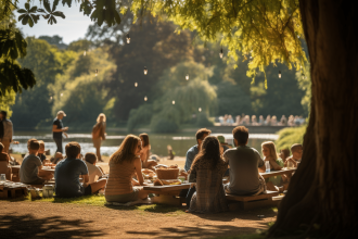Parc de Coulondres avec des randonneurs et une végétation luxuriante