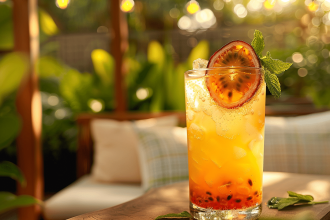 Cocktail Passoa coloré avec fruits exotiques en arrière-plan