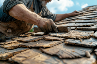 Toit en bois bien entretenu sous un ciel ensoleillé
