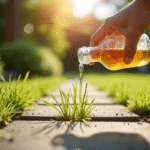 Main versant du vinaigre sur mauvaises herbes entre pavés