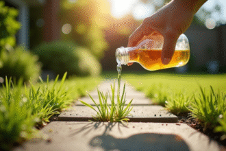 Main versant du vinaigre sur mauvaises herbes entre pavés