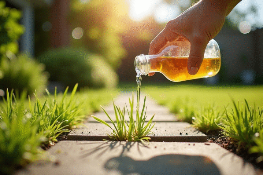 Main versant du vinaigre sur mauvaises herbes entre pavés