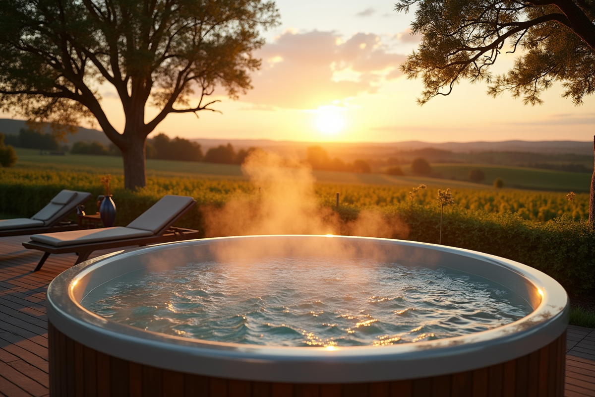 Bain extérieur sur terrasse en Alsace avec vignoble au coucher du soleil