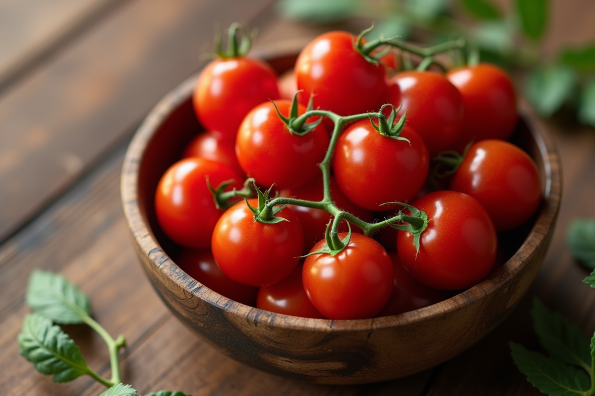 Bol de tomates cerises sur table en bois rustique