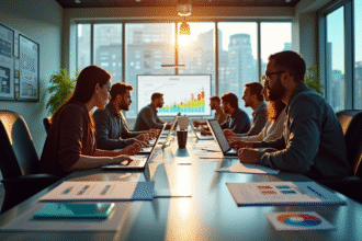 Bureau moderne avec équipe collaborative et tableau de bord
