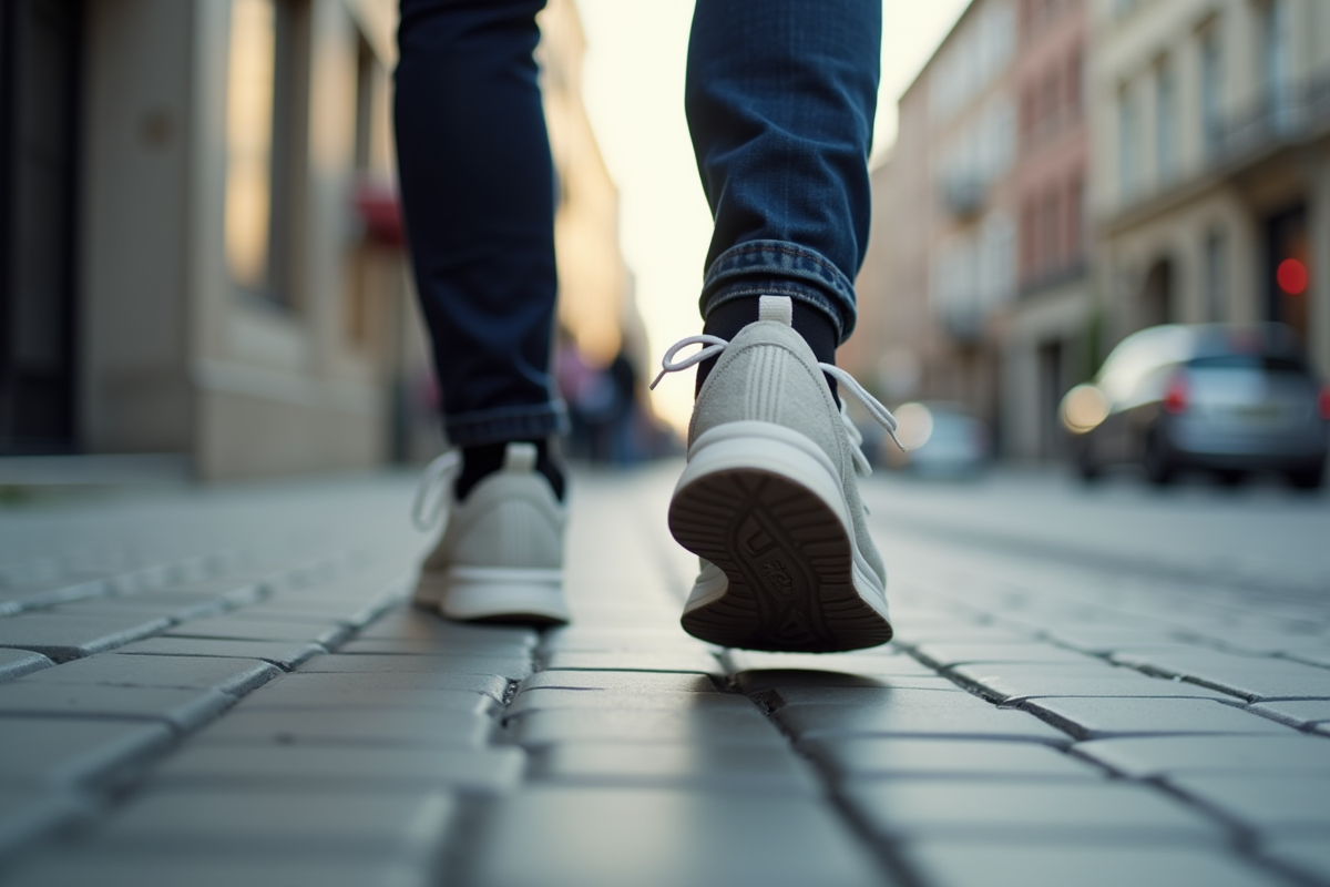 Gros plan sur des chaussures de marche comptant les pas sur le trottoir