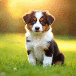 Miniature Australian shepherd assis sur la pelouse en lumière douce