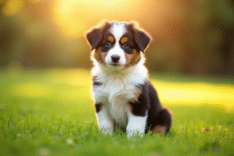 Miniature Australian shepherd assis sur la pelouse en lumière douce