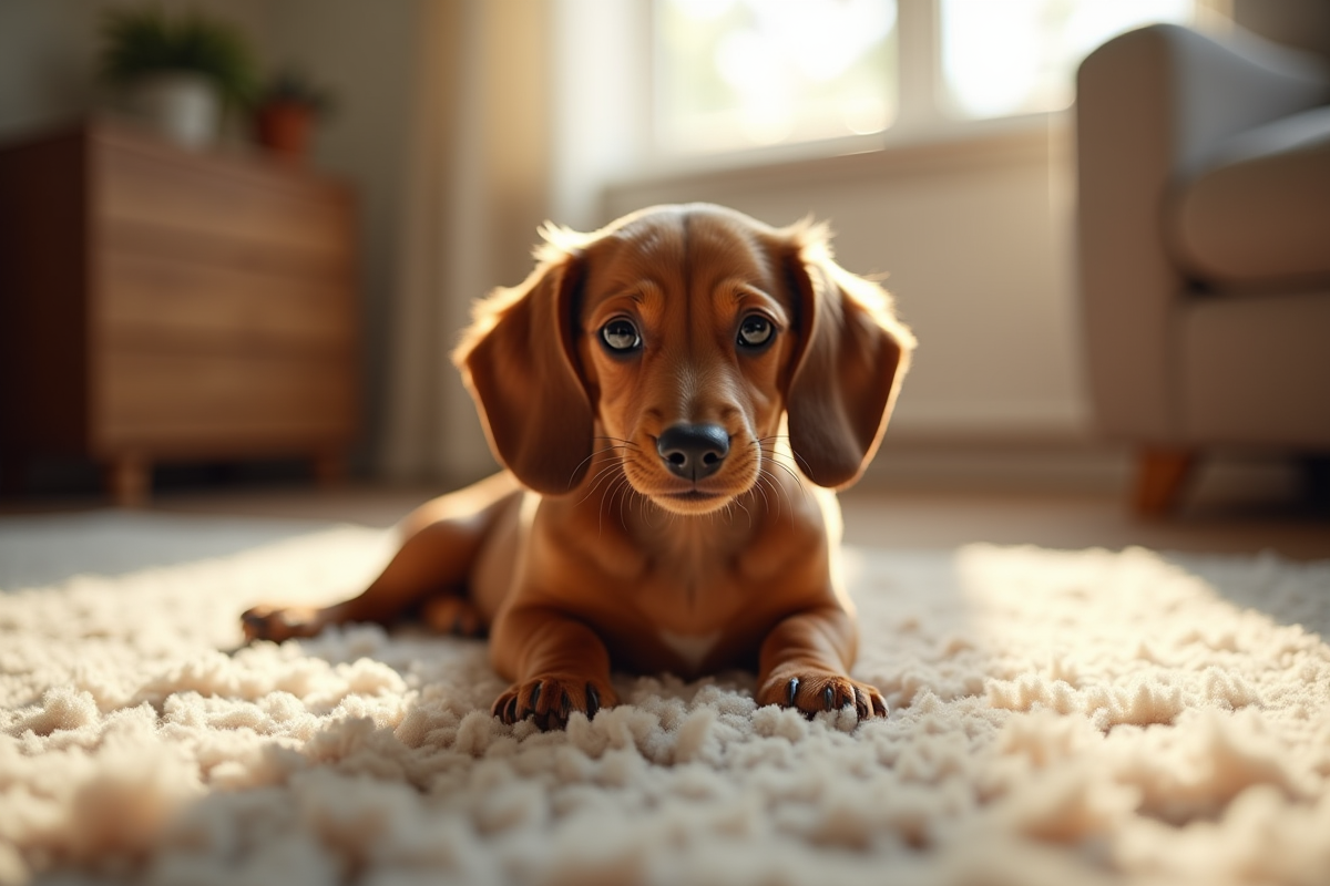Chiot dachshund allongé sur tapis lumineux