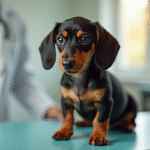 Chiot dachshund sur table d'examen vétérinaire
