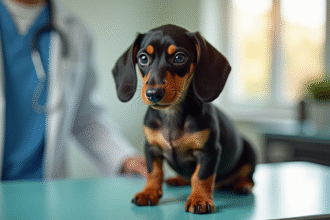 Chiot dachshund sur table d'examen vétérinaire