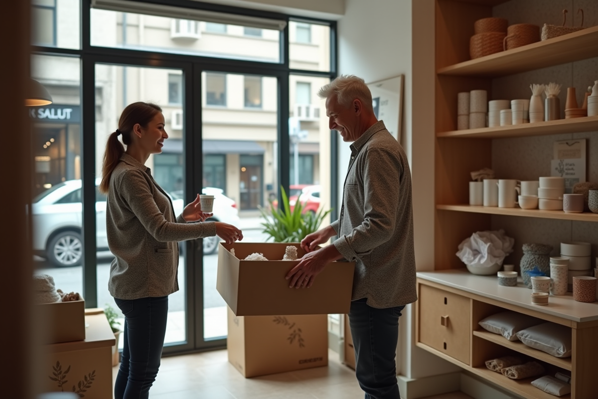 Couple emballant des produits dans leur boutique