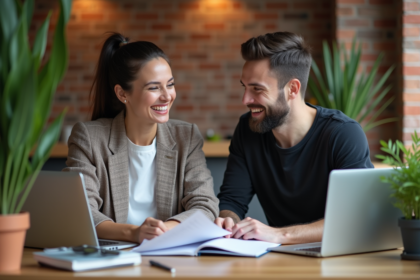 Couple en coworking souriant en travaillant ensemble