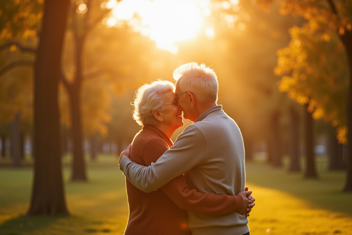 Couple âgé s embrassant dans un parc ensoleille