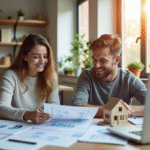 Jeune couple confiant dans un bureau moderne discutant de finances