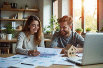 Jeune couple confiant dans un bureau moderne discutant de finances