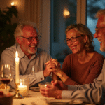 Couple mature souriant lors d un dîner romantique à la maison