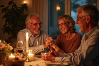 Couple mature souriant lors d un dîner romantique à la maison