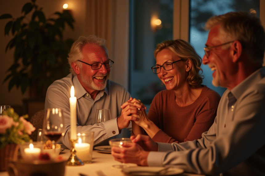 Couple mature souriant lors d un dîner romantique à la maison