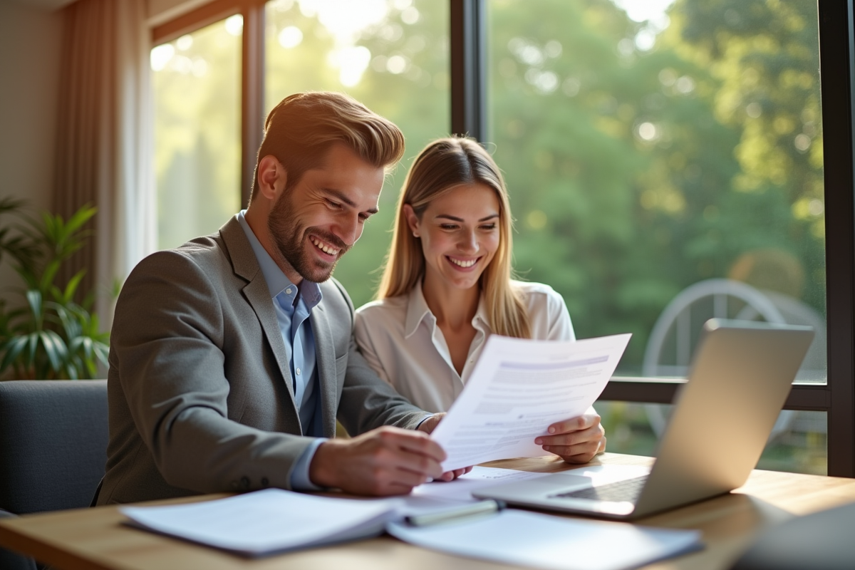 Couple souriant examinant documents d évaluation immobiliere