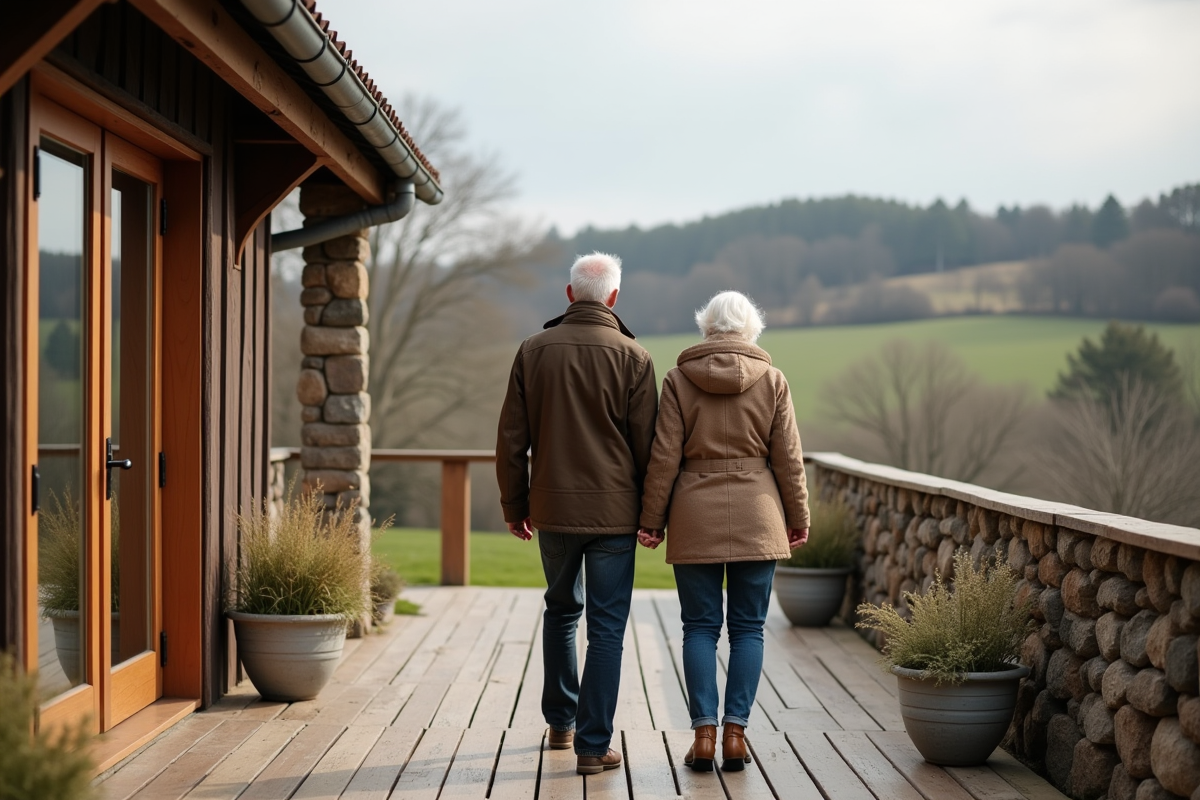 Couple âgé regardant la campagne depuis une terrasse