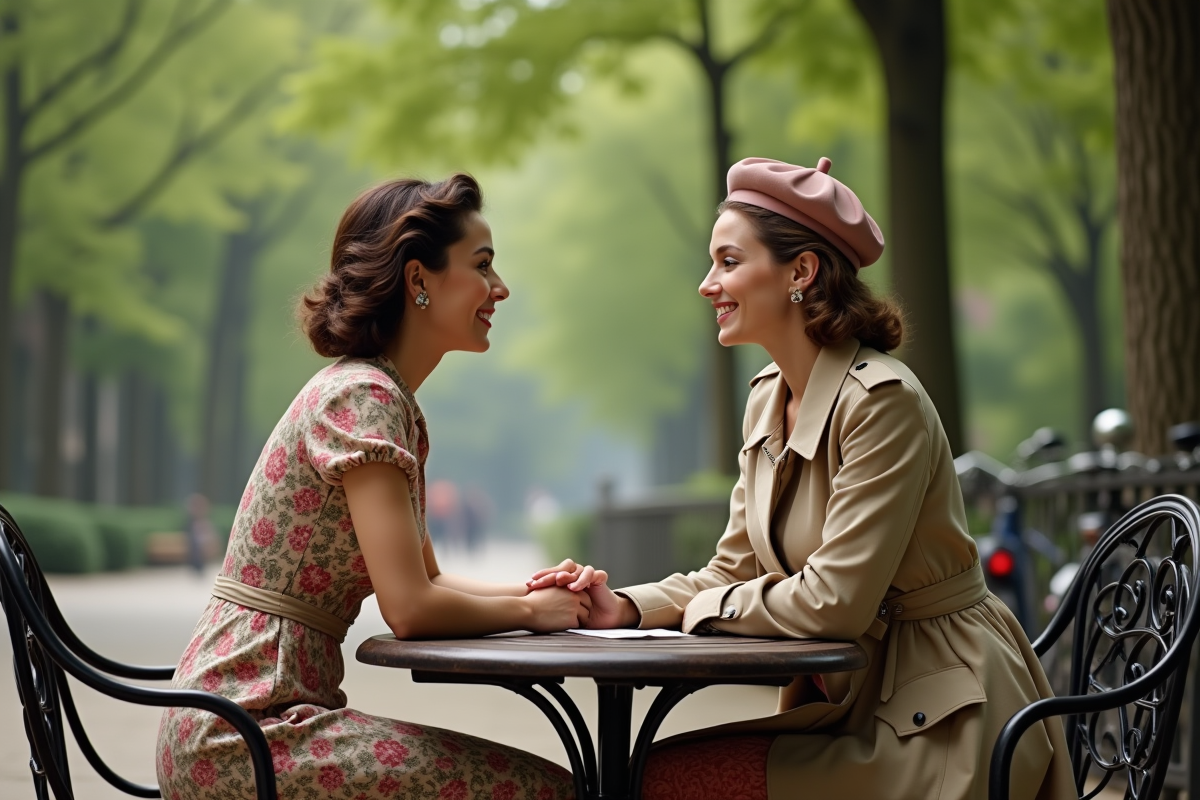 Deux femmes discutant dans un café vintage en plein air