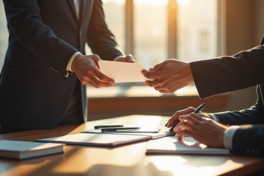 Personne élégante remettant un document juridique à une autre à une table ensoleillée