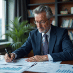 Economiste homme en costume analysant des graphiques économiques