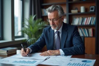 Economiste homme en costume analysant des graphiques économiques