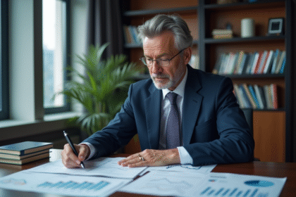 Economiste homme en costume analysant des graphiques économiques