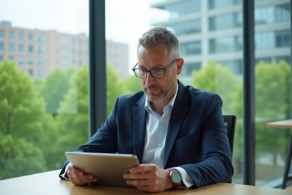 Economiste en costume bleu dans un bureau lumineux