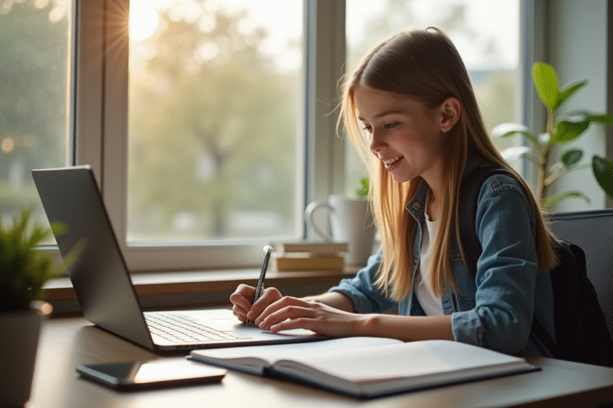 Étudiant au bureau moderne utilisant un ordinateur portable