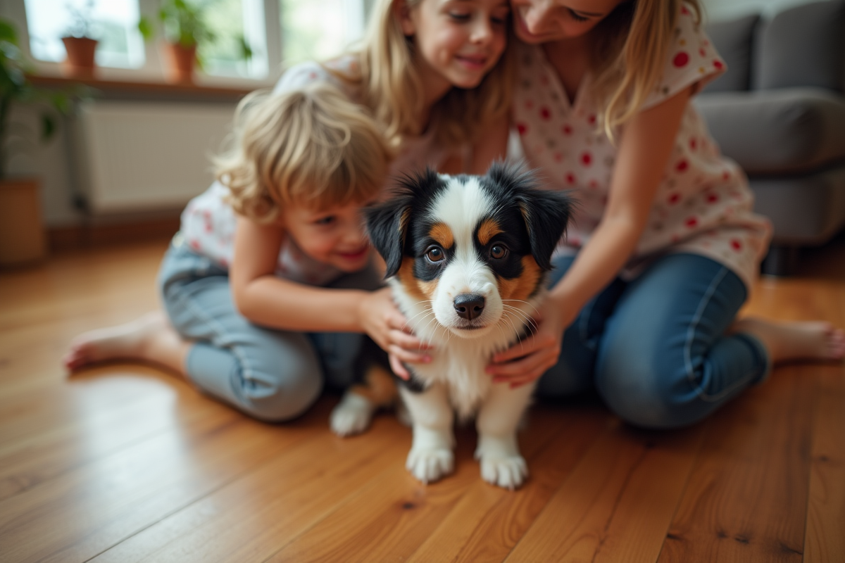 Famille caressant un chiot Australian shepherd dans la maison
