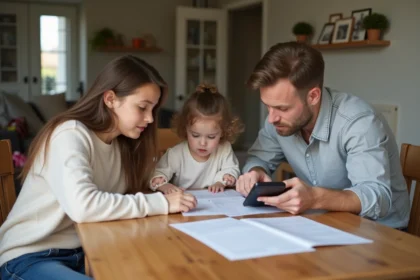 Famille autour d'une table à la maison pour revoir le budget