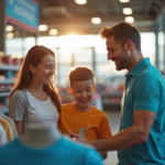 Famille souriante dans un magasin de sport lumineux