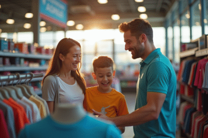 Famille souriante dans un magasin de sport lumineux