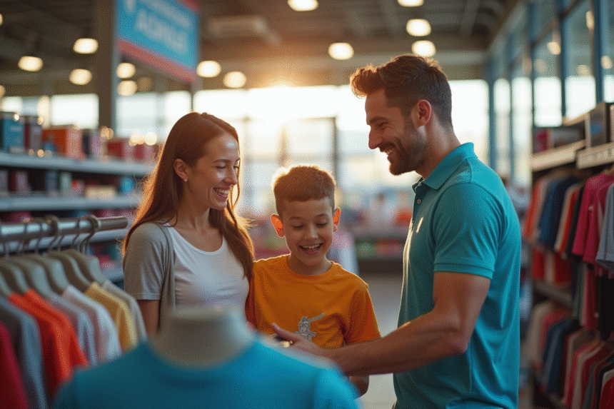 Famille souriante dans un magasin de sport lumineux