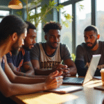 Fans de basketball discutant dans un lounge lumineux
