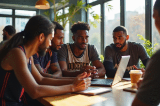 Fans de basketball discutant dans un lounge lumineux