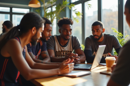 Fans de basketball discutant dans un lounge lumineux