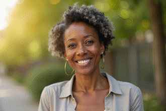 Femme afroconfiante souriante en extérieur en lumière naturelle