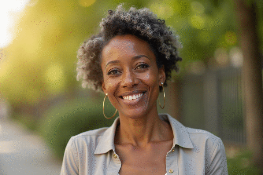 Femme afroconfiante souriante en extérieur en lumière naturelle