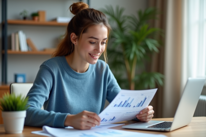 Jeune femme regardant ses finances sur un ordinateur à la maison