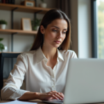 Femme au bureau à domicile concentrée sur son ordinateur