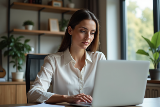 Femme au bureau à domicile concentrée sur son ordinateur