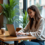 Femme millennial concentrée sur son ordinateur dans un café