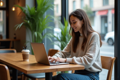 Femme millennial concentrée sur son ordinateur dans un café