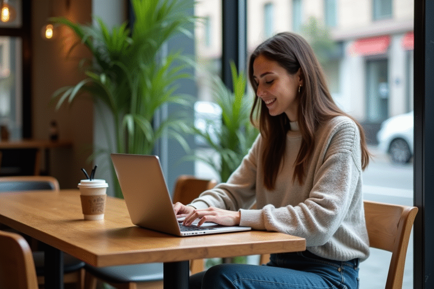 Femme millennial concentrée sur son ordinateur dans un café