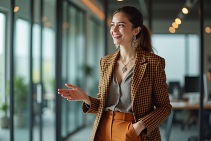 Jeune femme confiante en tenue mode dans un bureau moderne