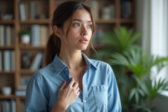 Jeune femme en chemise bleue pense à son corps